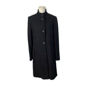 Via Spiga Black Wool Blend Womens Long Coat With Chevron Print Lining Size 10